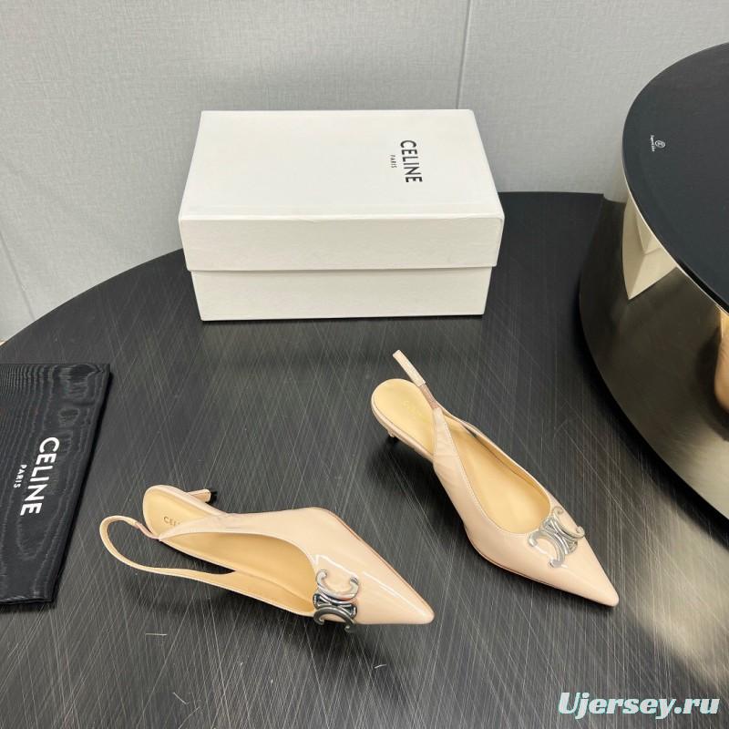 2025 Women Celine Beige Leather Slingback Shoes Metal Buckle