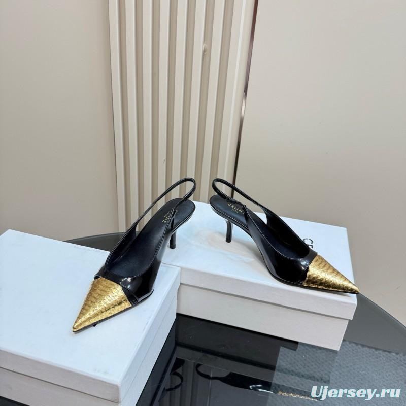 2025 Women CELINE Black Gold Leather Slingback Heels