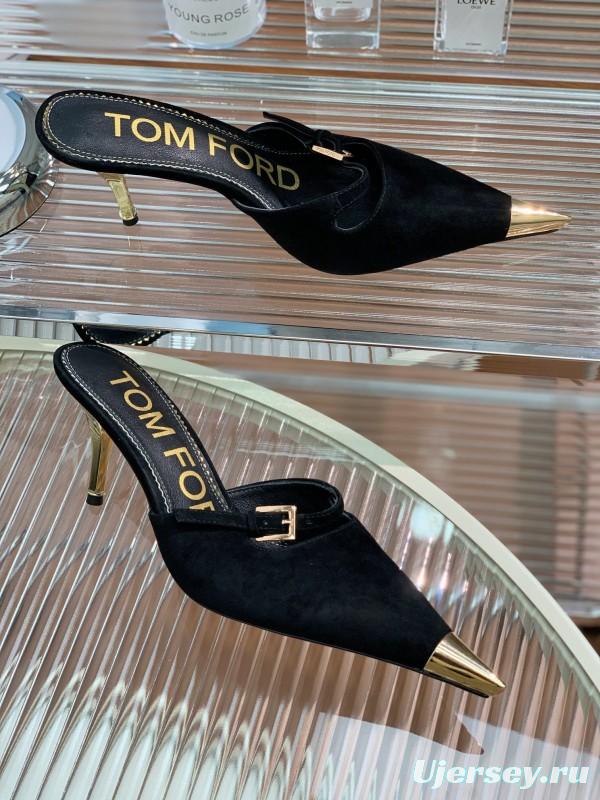 2025 Women TOM FORD Black Suede Leather Pointed Toe Metal Tip Mules