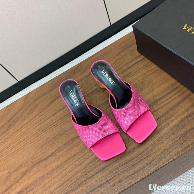 2025 Women VERSACE Pink Silk Leather Mules Crystal Embellishment KFY00300