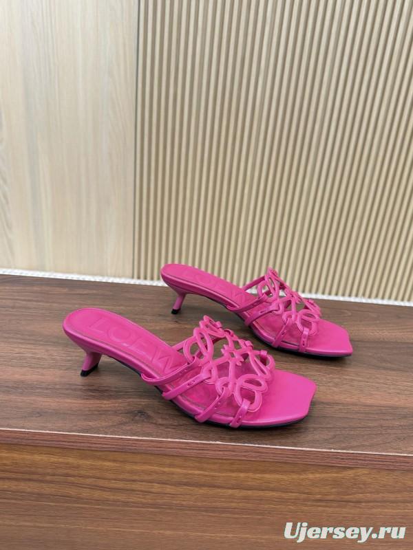 2025 Women Loewe Pink Leather Heeled Sandals LY00210