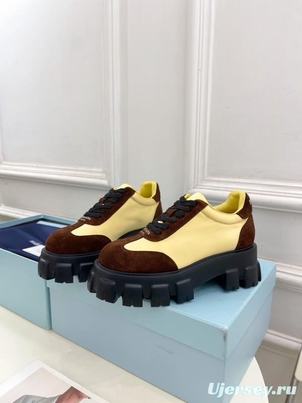 2025 Unisex Prada Yellow Brown Suede Silk Sneakers KFY00310(F)/KFY00330(M)