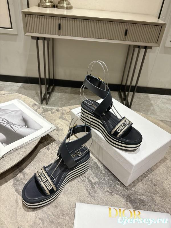 2025 Women Dior Black Leather Sandals Christian Dior Logo KFY00280