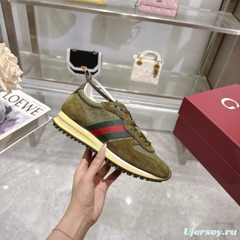 2025 Women Gucci Khaki Green Red Suede Mesh Sneakers LY00340