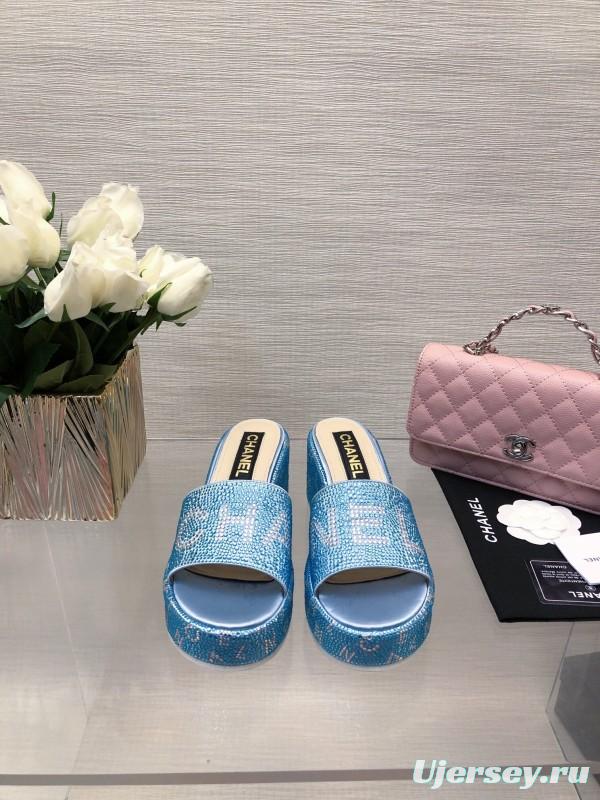 2025 Women Chanel Blue Fabric Platform Slippers LY00320