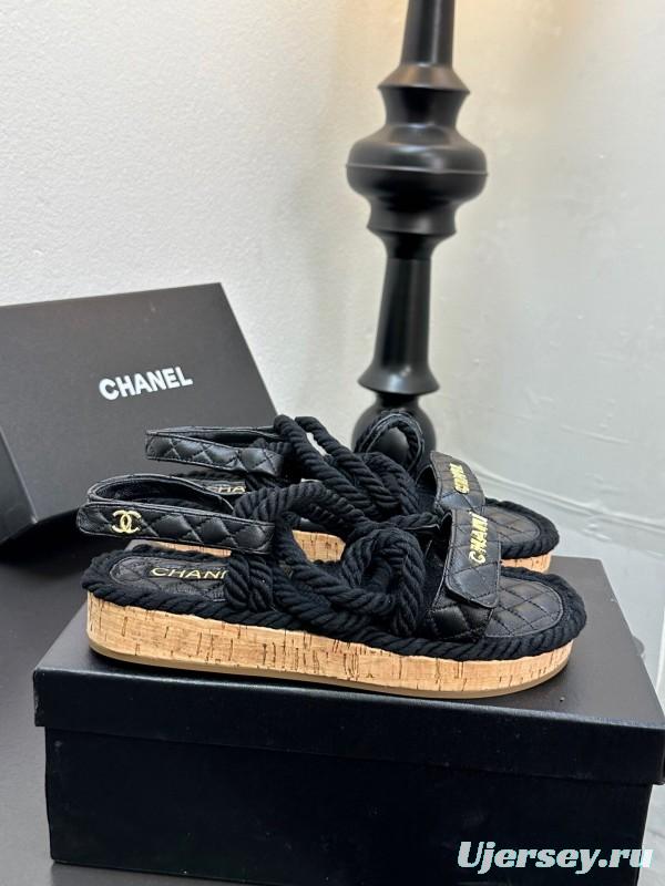 2025 Slippers Chanel Black Rope Leather Sandal LY00260