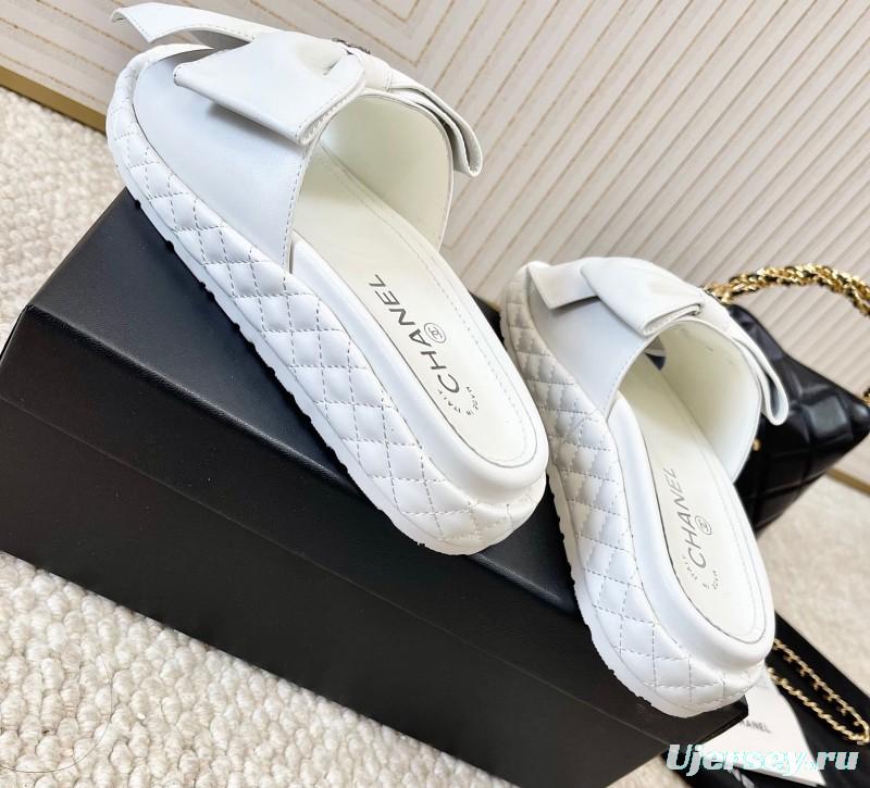 2025 Women Chanel White Leather Slippers Bow Detail KFY00310