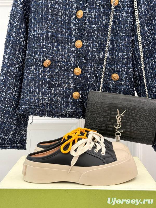 2025 Women YSL Saint Laurent Black White Leather Platform Sneakers Yellow Lace LY00360(F)