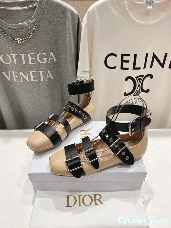 2025 Women Dior Beige Black Leather Mary Jane Buckle Flats