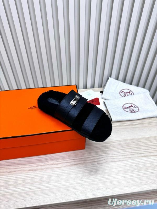 2024 Women Hermès Black Leather Shearling Slippers