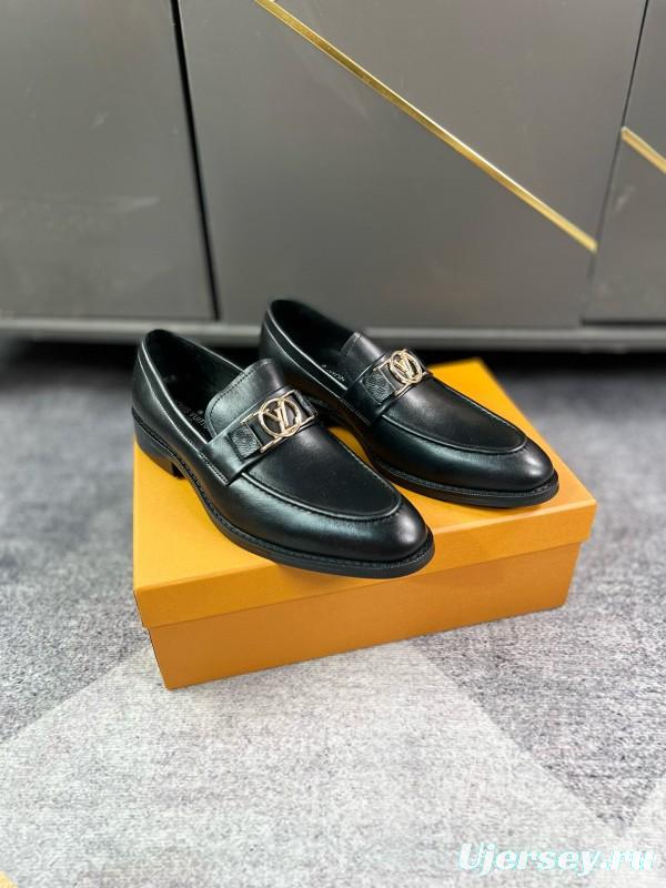 2024 Men Louis Vuitton Black Leather Leather Formal Slip-On LO001