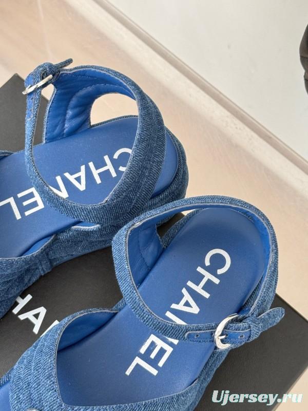 2025 Women Chanel Blue Denim Leather Platform Sandals KFY00260