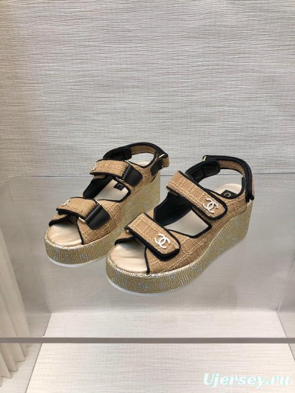 2025 Women Chanel Beige Black Leather Sandals Platform Thick Sole LY00330