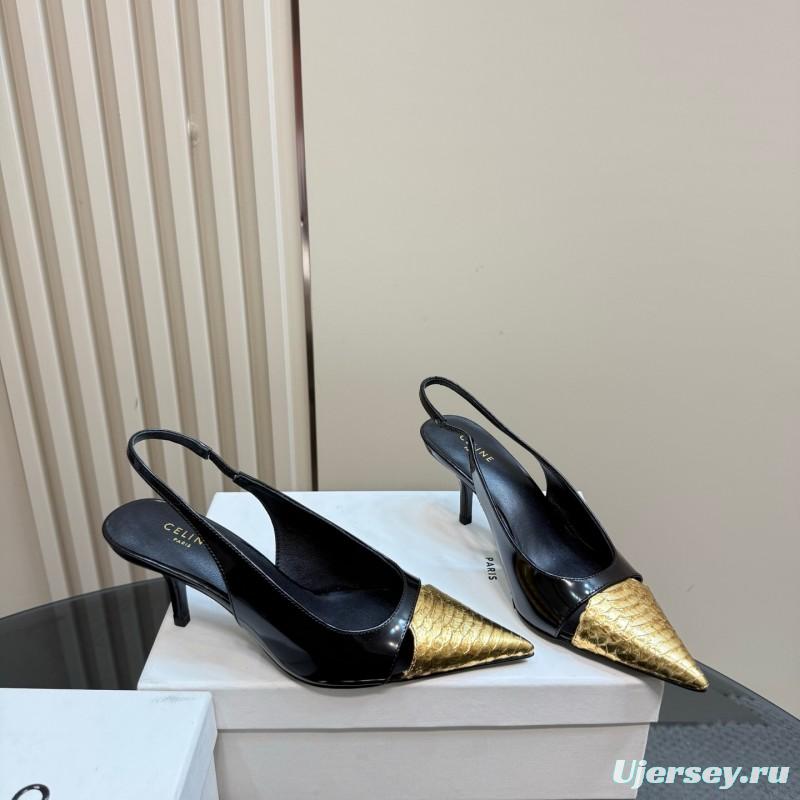 2025 Women CELINE Black Gold Leather Slingback Heels