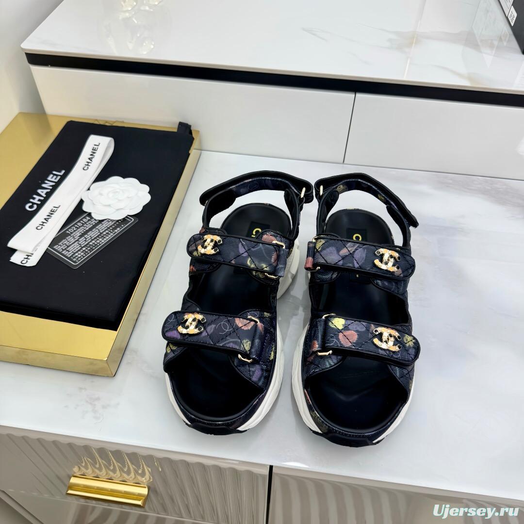2025 Women Chanel Black Multicolor Fabric Leather Sandals LY00330