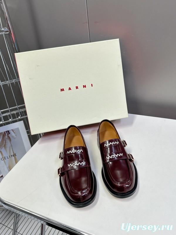 2025 Women Marni Burgundy Leather Loafers KFY00320