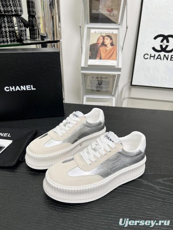 2025 Women Chanel White Silver Suede Leather Sneakers LY00270