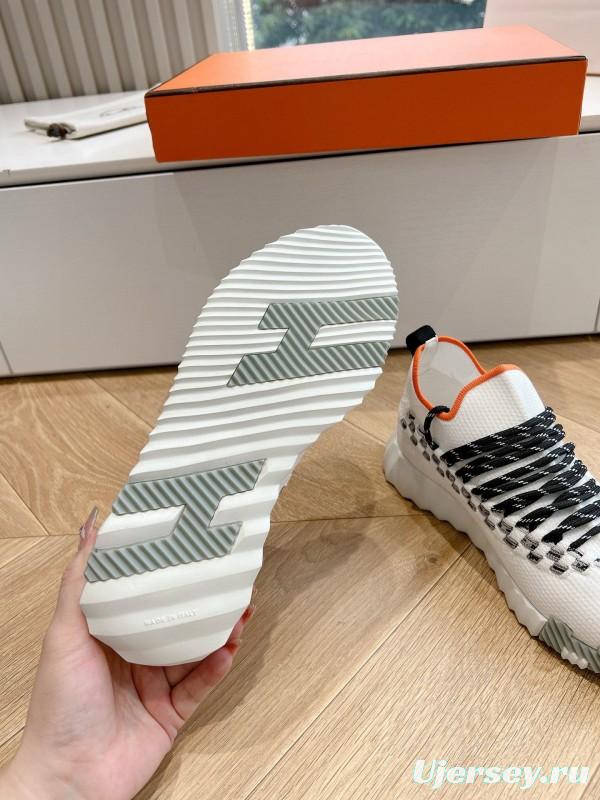 2024 Unisex Hermès White Black Orange Calfskin Suede Knit Sneakers MJ00290