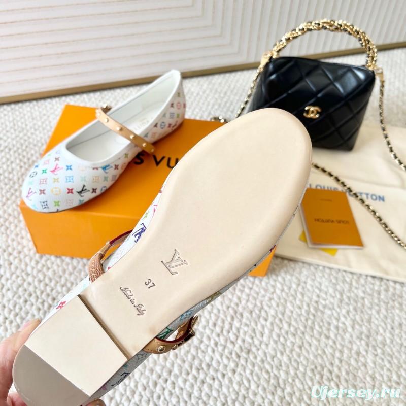 2025 Women Louis Vuitton White Multicolor Leather Ballet Flat