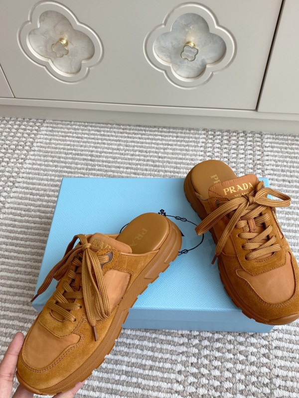 2025 Women Prada Brown Leather Suede Sneakers