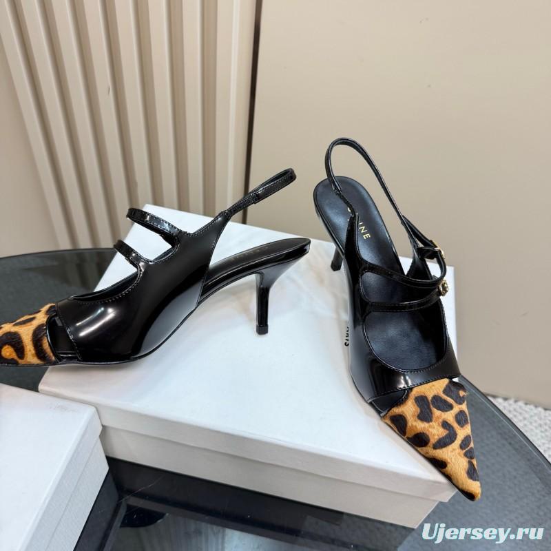 2025 Women Celine Leopard Black Patent Leather Slingback Heels
