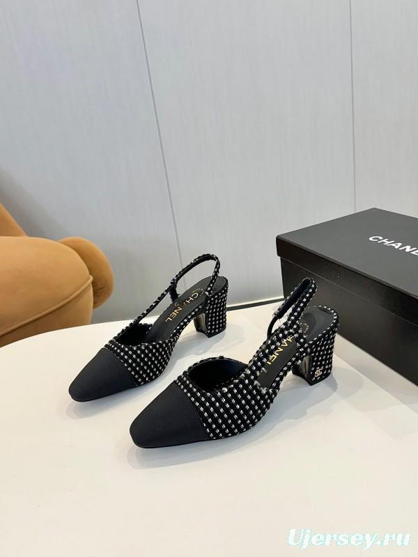 2025 Women Chanel Black White Fabric Slingback Heels LY00240