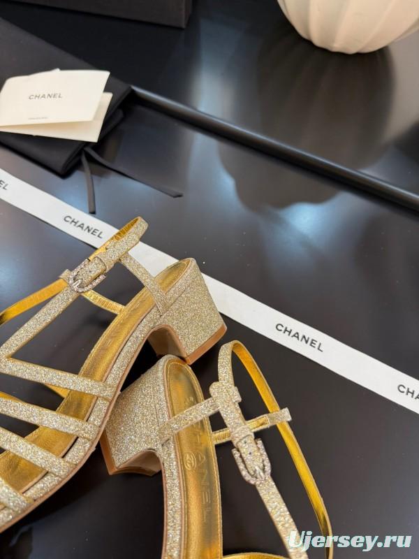 2025 Women Chanel Gold Fabric Sandals KFY00289