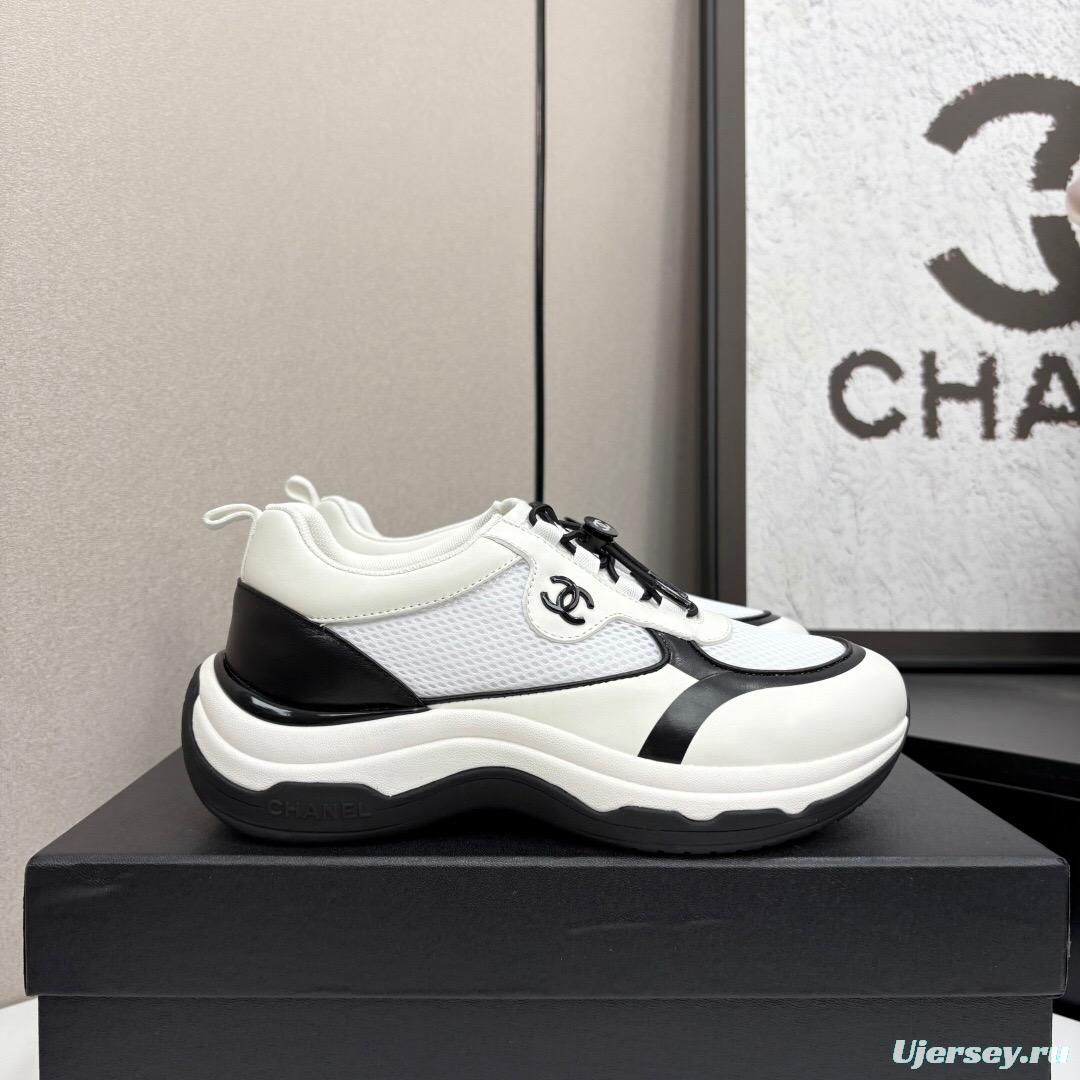 2025 Unisex Chanel White And Black Silk Leather Panda Sneakers With Embroidery Detail CHN2025