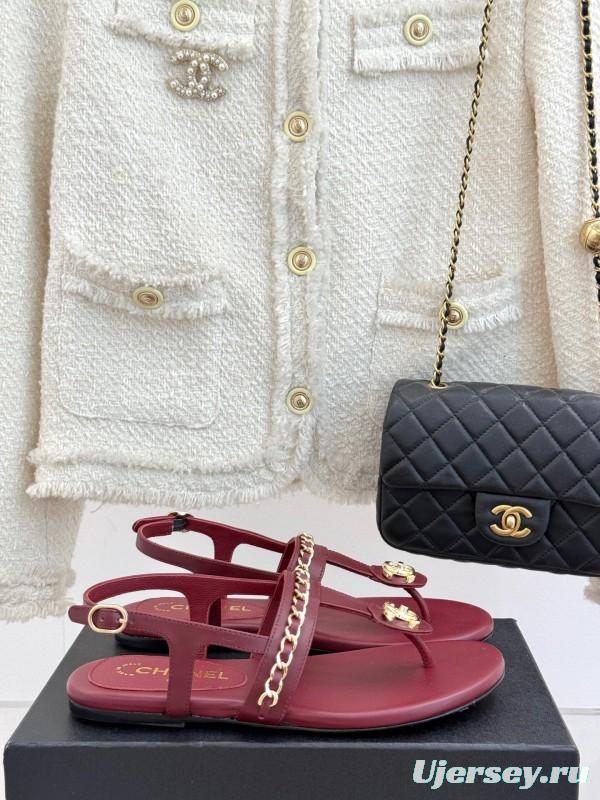 2025 Women Chanel Red Leather Sandals Chain Decoration
