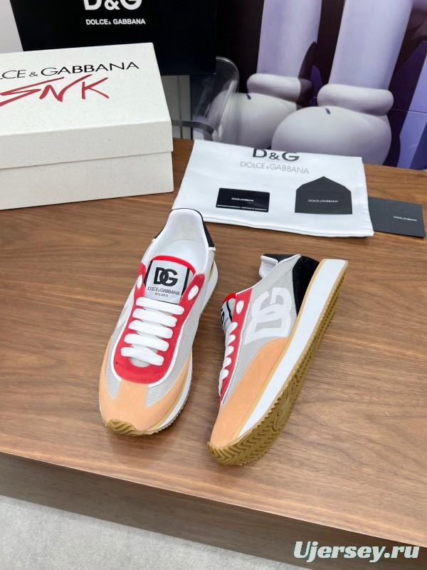 2025 Unisex Dolce & Gabbana Gray Red Beige PU Leather Mesh Sneakers LY00300