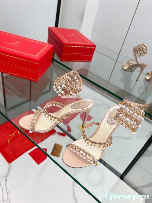 2025 Women RC Champagne Leather Crystal Pearl High Heel Sandal LY00360