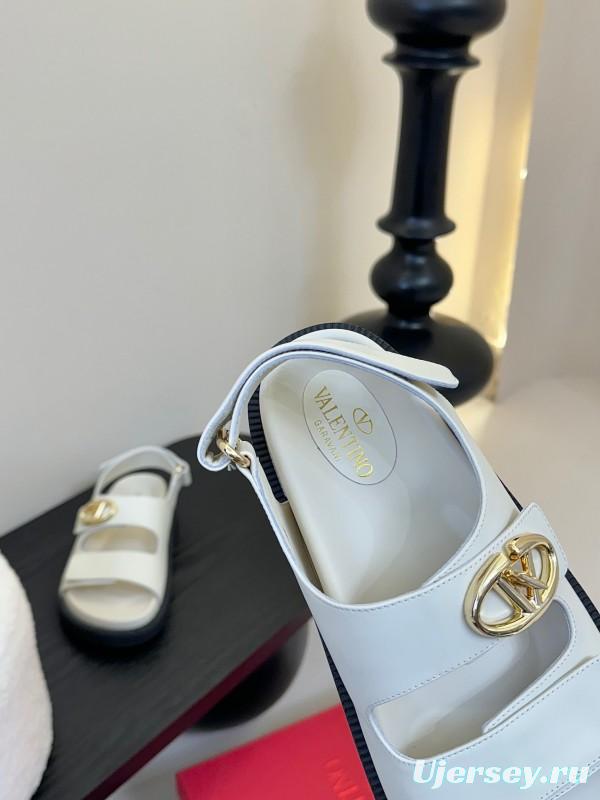 2025 Women Valentino White Leather Sandals V Buckle KFY00320