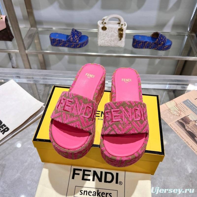 2025 Women Fendi Pink Canvas Slippers FF Jacquard KFY00240