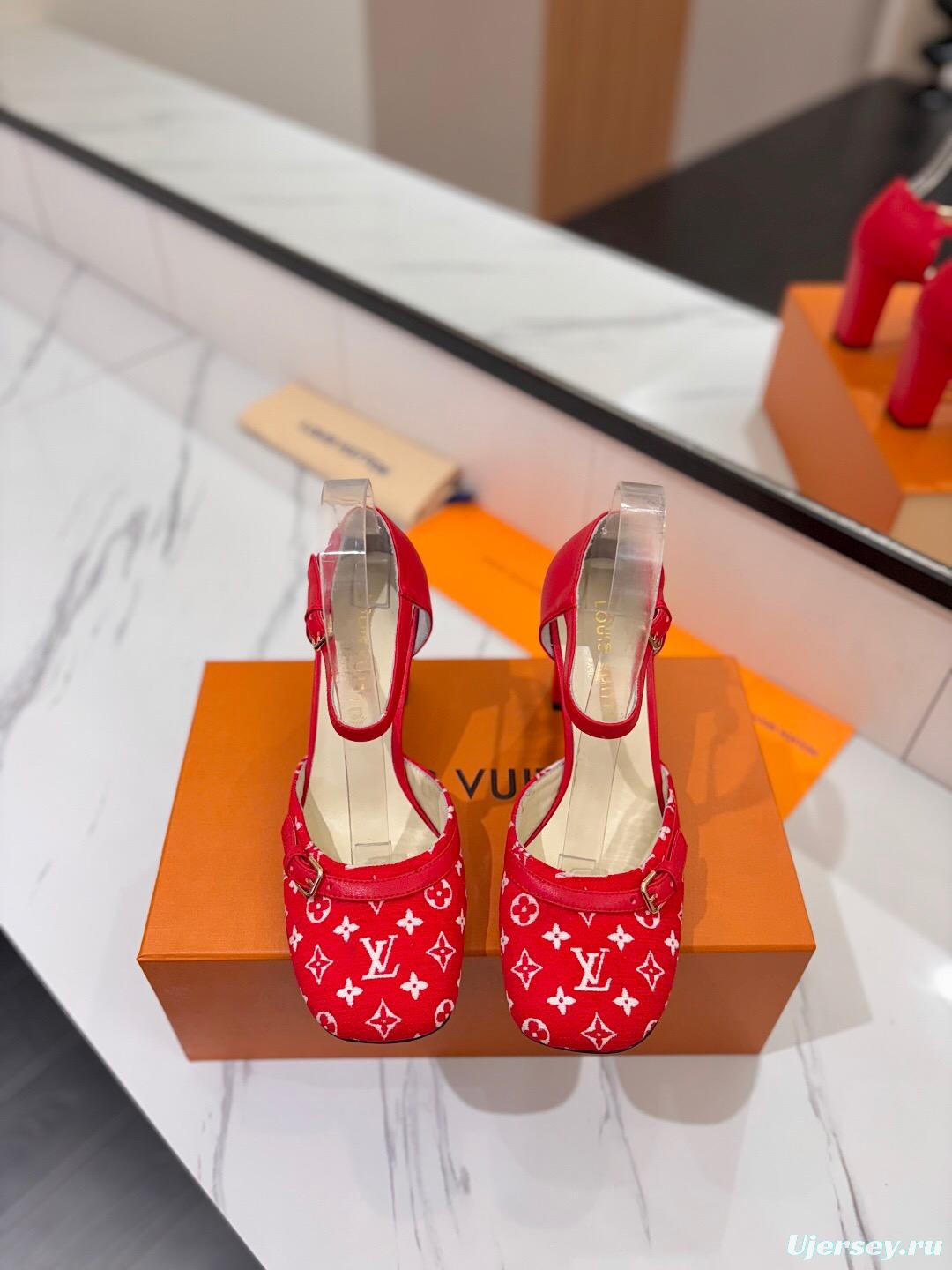2025 Women Louis Vuitton Red Canvas Leather Heels KFY00310