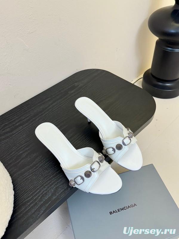 2025 Women Balenciaga White Leather Heeled Mules KFY00290