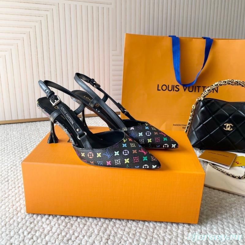 2025 Women Louis Vuitton Black Multicolor Canvas Leather Slingback Heels