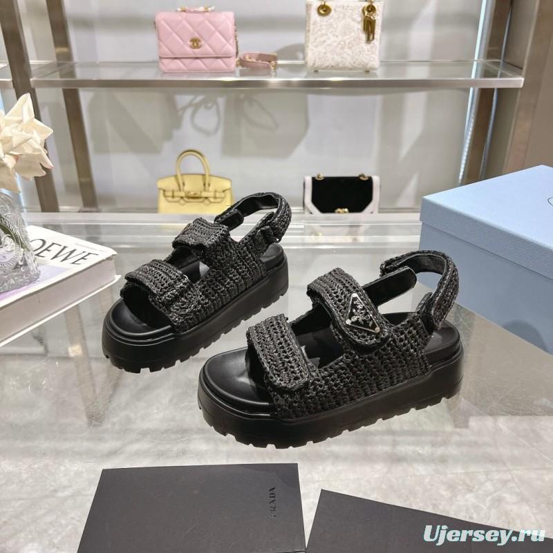 2025 Women Prada Black Woven Leather Sandals LY