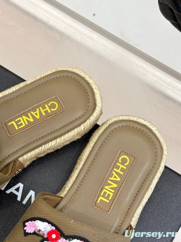 2025 Women Chanel Khaki Embroidered Lambskin Slippers KFY00230