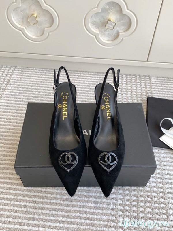 2025 Women Chanel Black Suede Slingback Heels CC Logo KFY00300