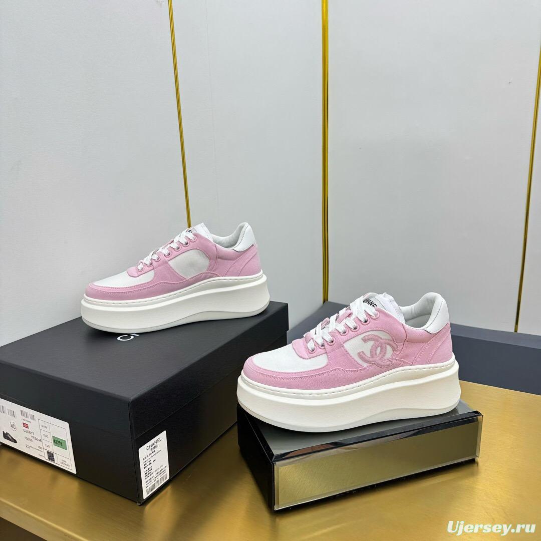 2025 Women Chanel Pink White Leather Suede Platform Sneakers