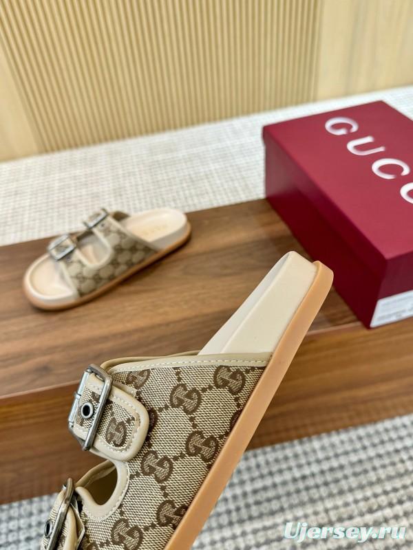 2025 Women Gucci Beige Canvas Leather Slippers LY00360