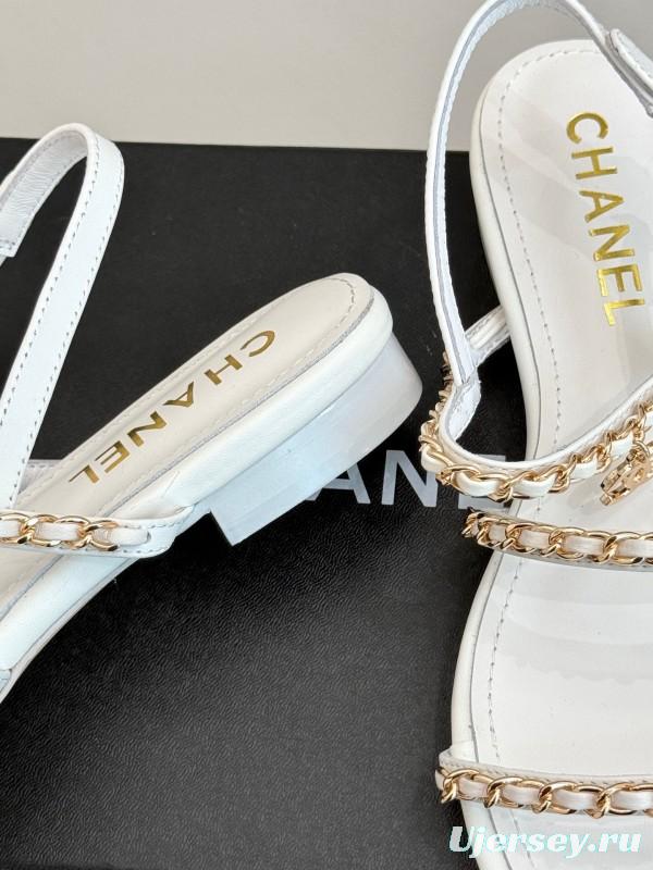 2025 Women Chanel White Leather Chain Strap Sandals