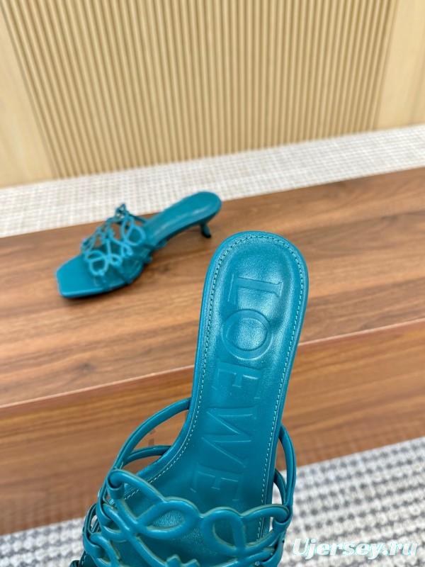 2025 Women Loewe Turquoise Leather Heeled Sandals LY00250
