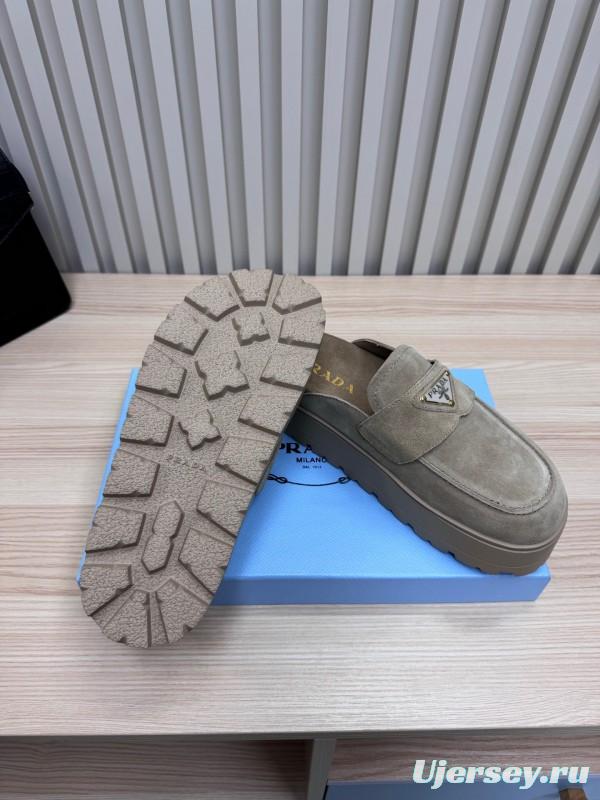 2025 Women Prada Khaki Suede Platform Loafers