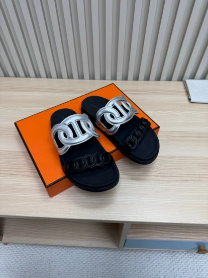 2025 Slippers Hermès Silver Black Leather Chain Decoration