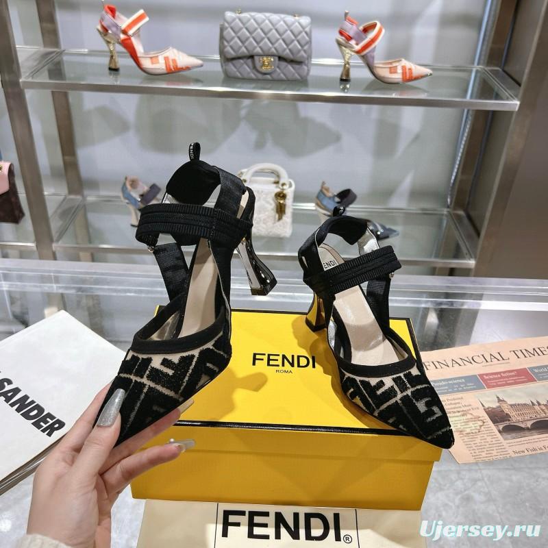 2025 Women Fendi Black Beige Fabric Leather High Heel MJ00280