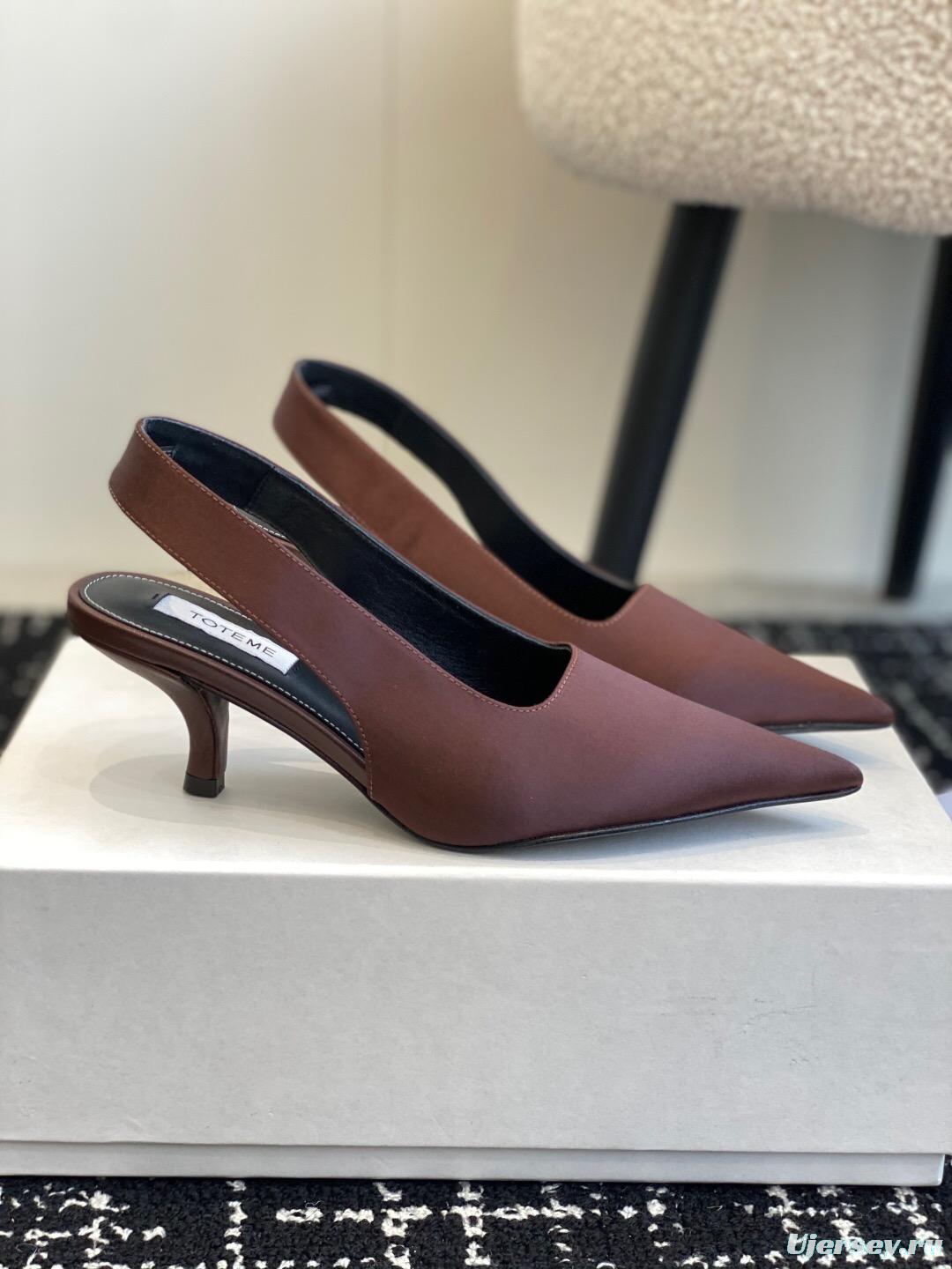 2025 Women Toteme Brown Satin Slingback Pointed Toe Heels