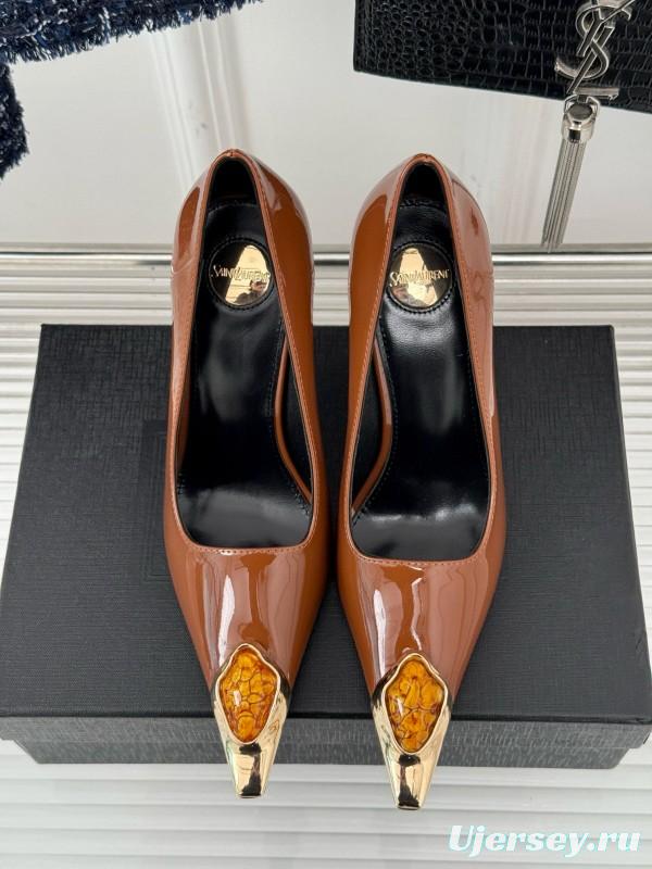 2024 Women Yves Saint Laurent Brown Patent Leather High Heels Metal Tip MJ00330