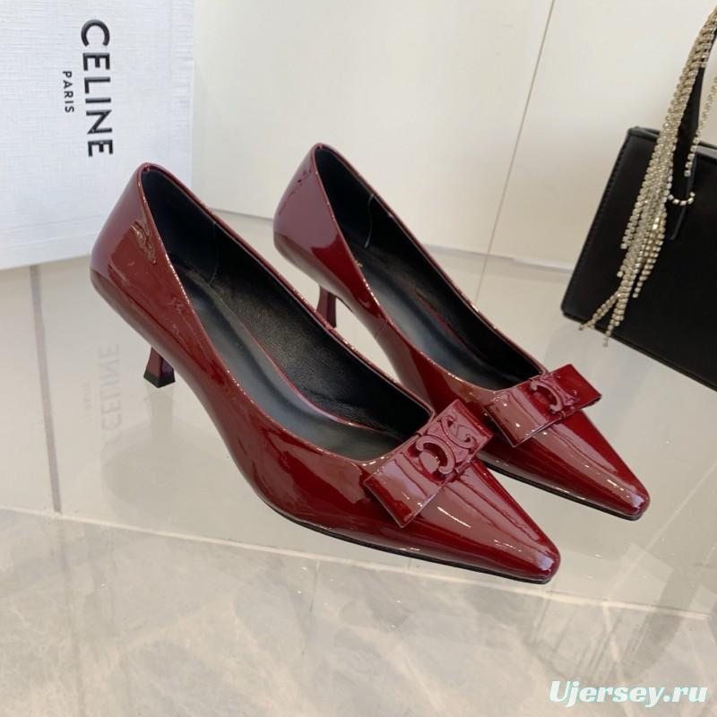 2025 Women Celine Burgundy Patent Leather Pointed Toe Pumps