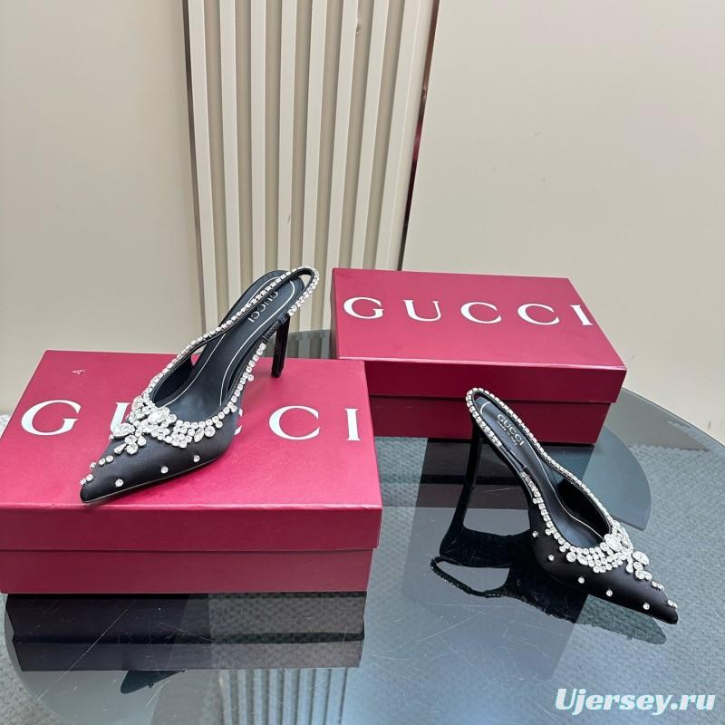 2025 Women Gucci Black Satin Crystal Embellished Slingback Heels
